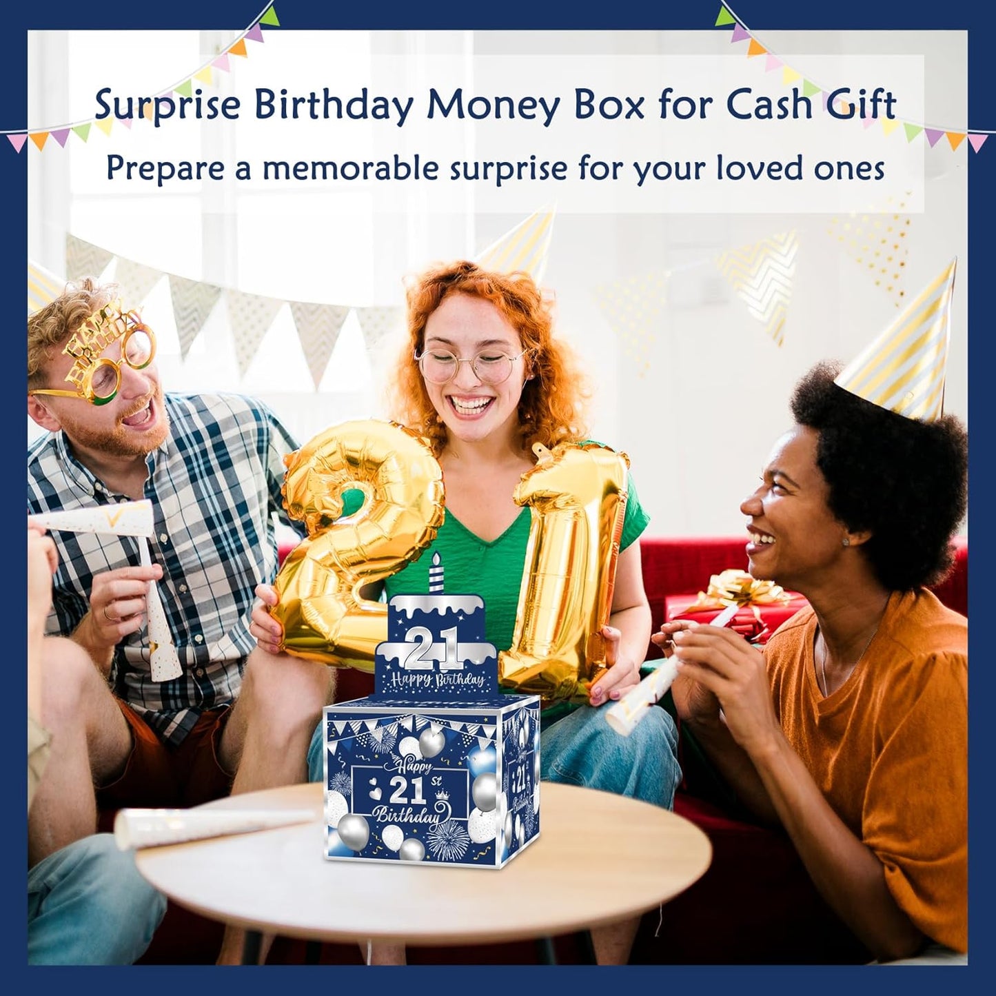 Birthday Money Box for Cash Gift Pull, Surprise Gift Boxes for Money, Money Holder Box with Pull Out Happy Birthday Card and 50Pcs Transparent Bags, Money Gift Ideas for Kids and Adults