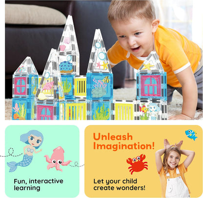 PicassoTiles Magnetic Tiles Magnet Tile Building Blocks Marine Animal World Themed Set with 8 Ocean Character Action Figures STEM Learning Toy Construction Toddlers Boys Girls Ages 3+ PTQ25