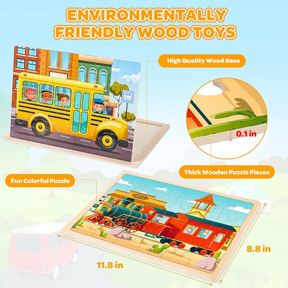 Puzzles for Kids Ages 4-6, 4 Packs 24 Pcs Wooden Jigsaw Puzzles for Toddlers Ages 2-4, Preschool Educational Vehicle Puzzle Toys Gifts for 3 4 5 6 Boys Girls