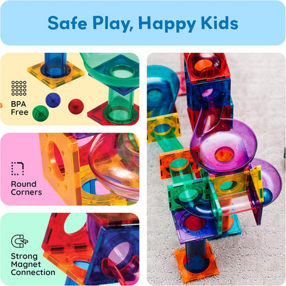 PicassoTiles 50pcs Magnetic Tiles Marble Run for Kids Race Track Toy Marble Maze Sensory Toys for Toddlers STEM Educational Set Magnet Building Blocks Construction Building Tiles Boys Girls 3+ PTG50
