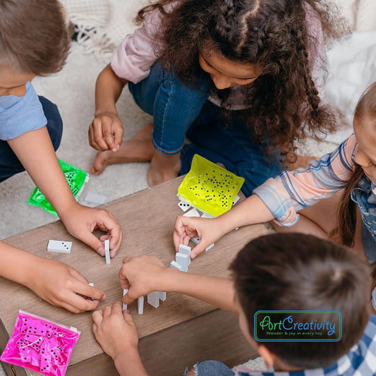 ArtCreativity Domino Game Set - Pack of 12 - Each Domino Set Includes 28 Pieces Per Neon Pink, Yellow, Green and Orange Bags - Great School, Carnival Prizes - Awesome Party Favor - Fun Game for Kids