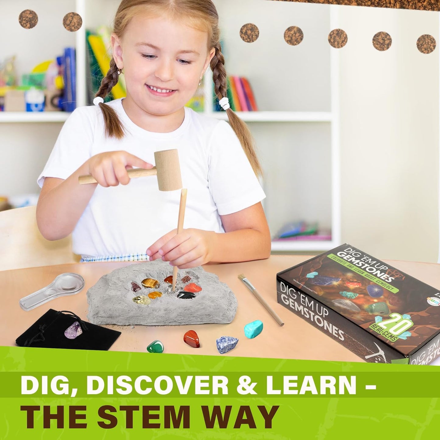 LotFancy Gemstone Dig Kit, Excavate 20 Real Gems, Science Kit for Kids Age 8-12, Educational Toy, Birthday Gift for Boys Girls with Mining Tools