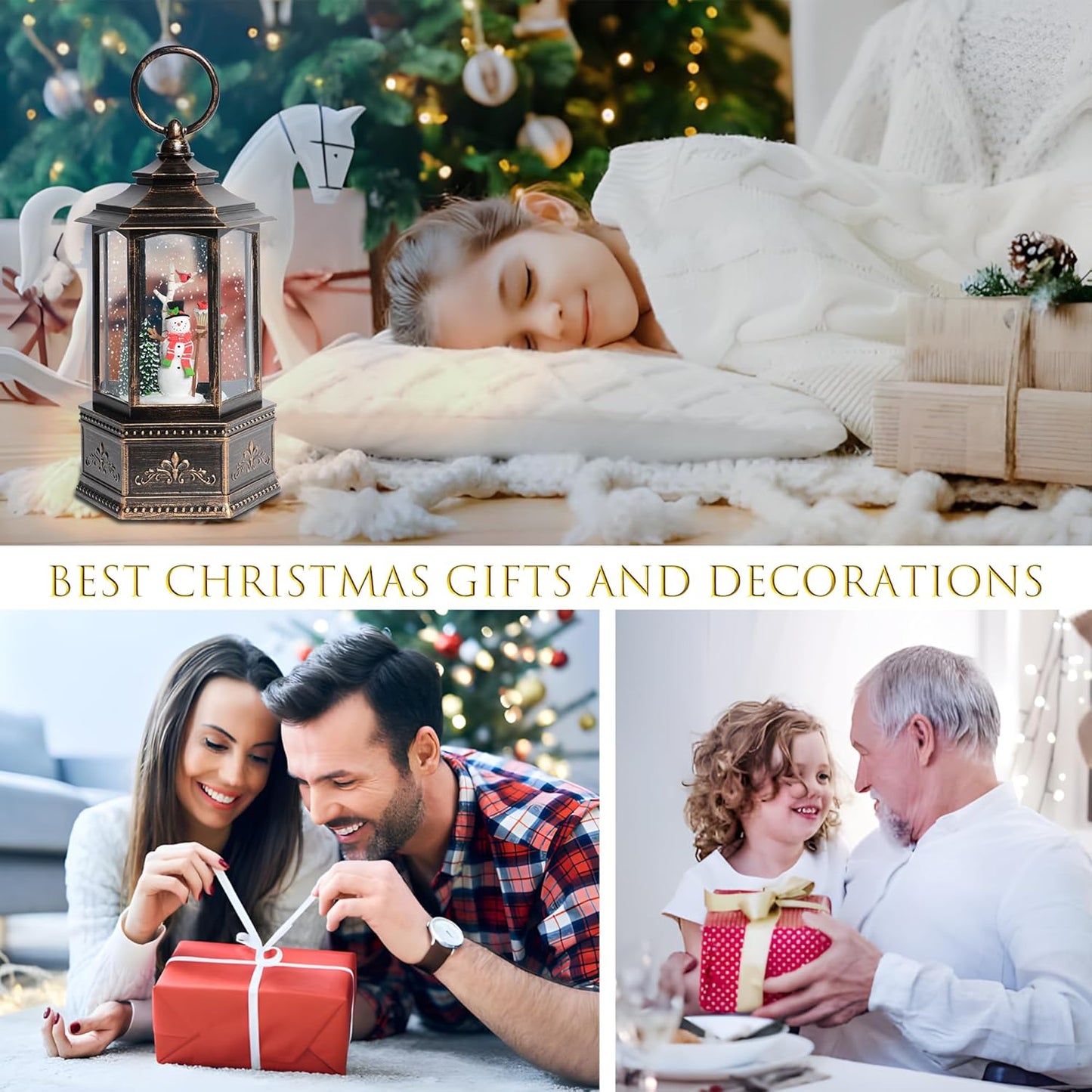Christmas Snow Globes Lantern, Church and Christmas Tree Christmas Decorations Indoor, 6H Timer Battery & USB Powered Light Up Musical Snow Globes for Kids Women Adults Gift Thanksgiving Home Decor