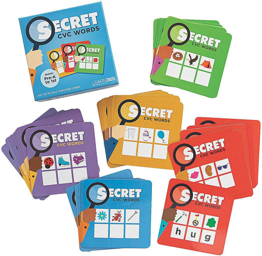 Fun Express Secret CVC Word Cards - Fun & Educational Phonics and Reading Activity for Kids - Improve Vocabulary Word Recognition and Spelling Skills - Perfect for Interactive Learning - 50 Pieces