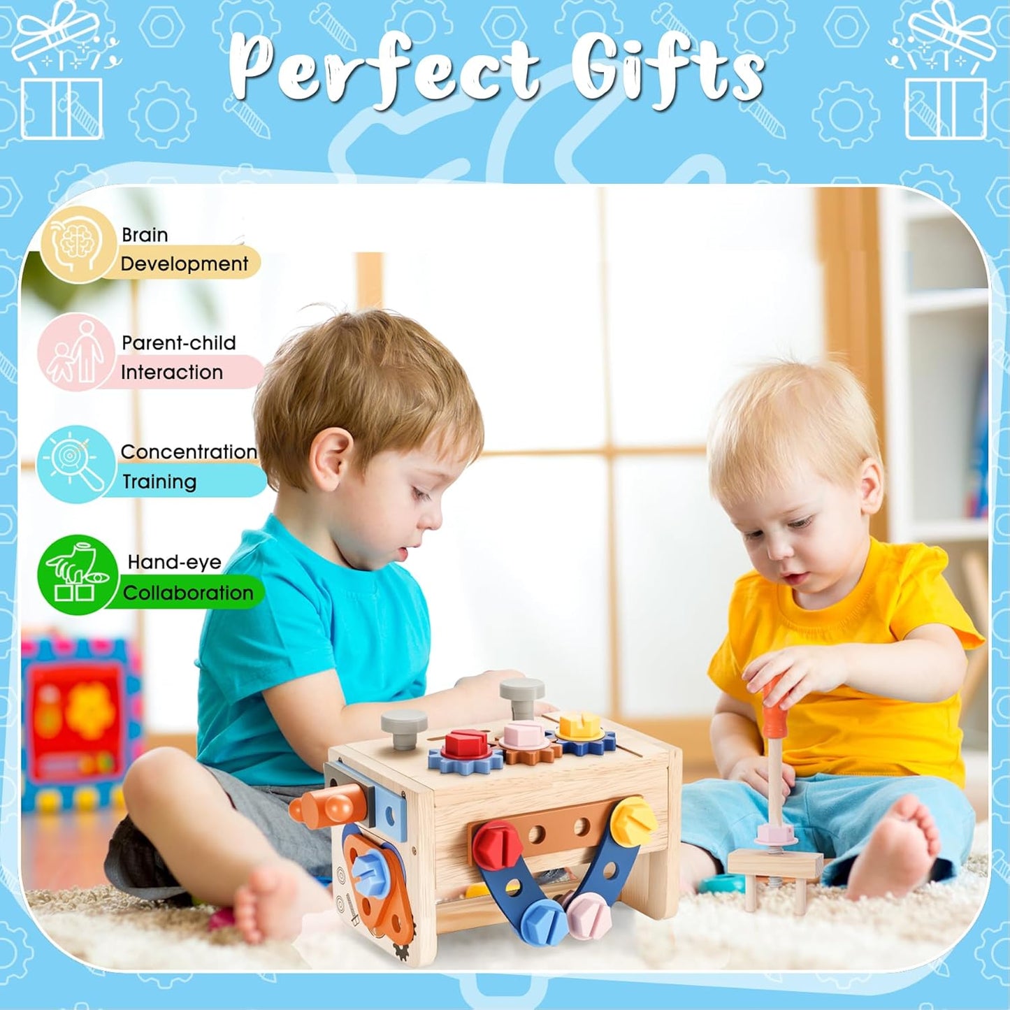 REXBETI Kids Tool Set with Electric Drill, 43Pcs Wooden Toddler Tool Bench with Apron, Educational Montessori Toys for 3 Year Old Boys, Toddler Tool Set, Birthday Gifts for 3 4 5 Year Old Boy Girl