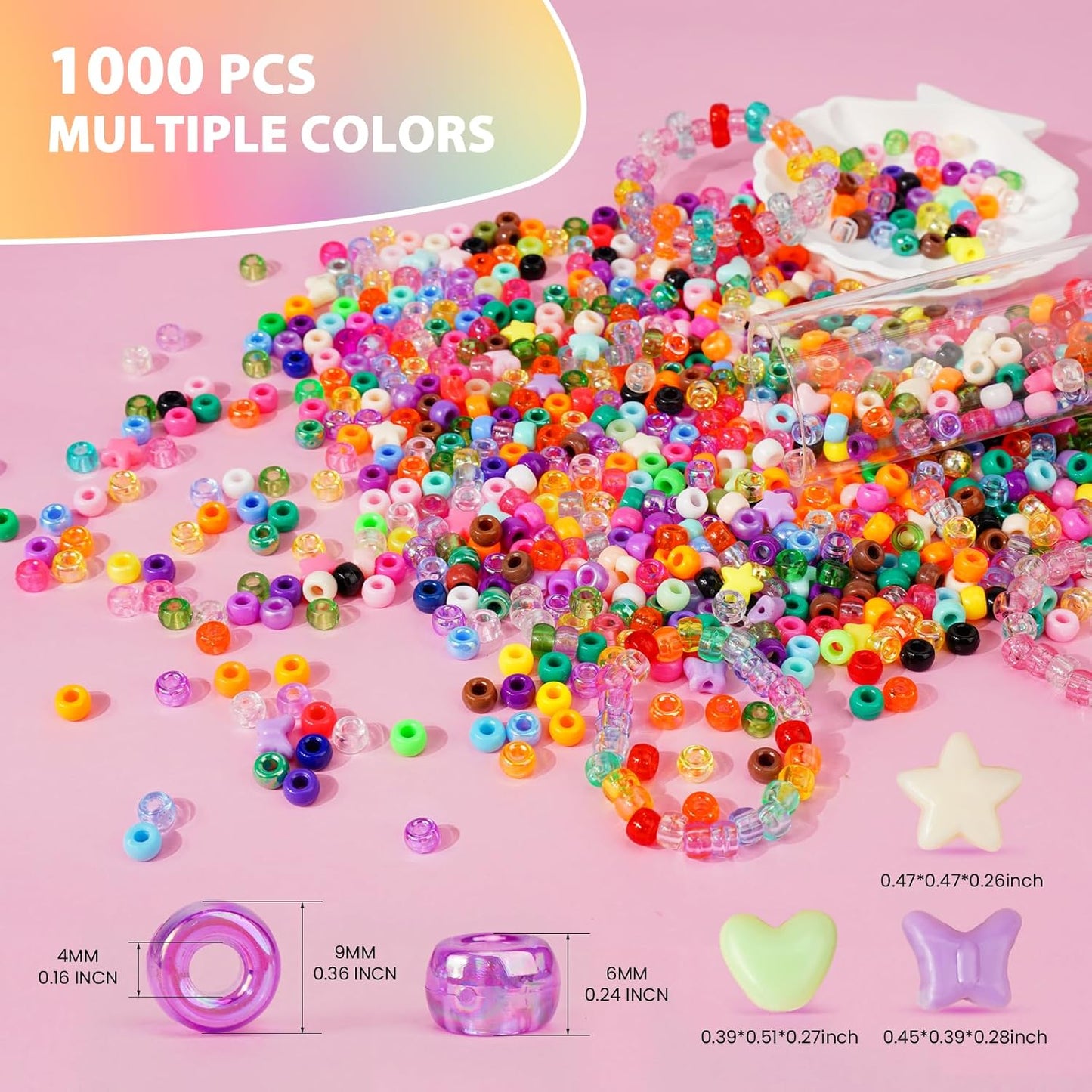 1000+pcs Glitter Pony Beads Bulk, Acrylic 9mm Large Plastic Bead for Bracelets Big Hole Hair Braids Crafts DIY Projects