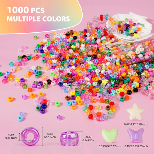 1000+pcs Glitter Pony Beads Bulk, Acrylic 9mm Large Plastic Bead for Bracelets Big Hole Hair Braids Crafts DIY Projects