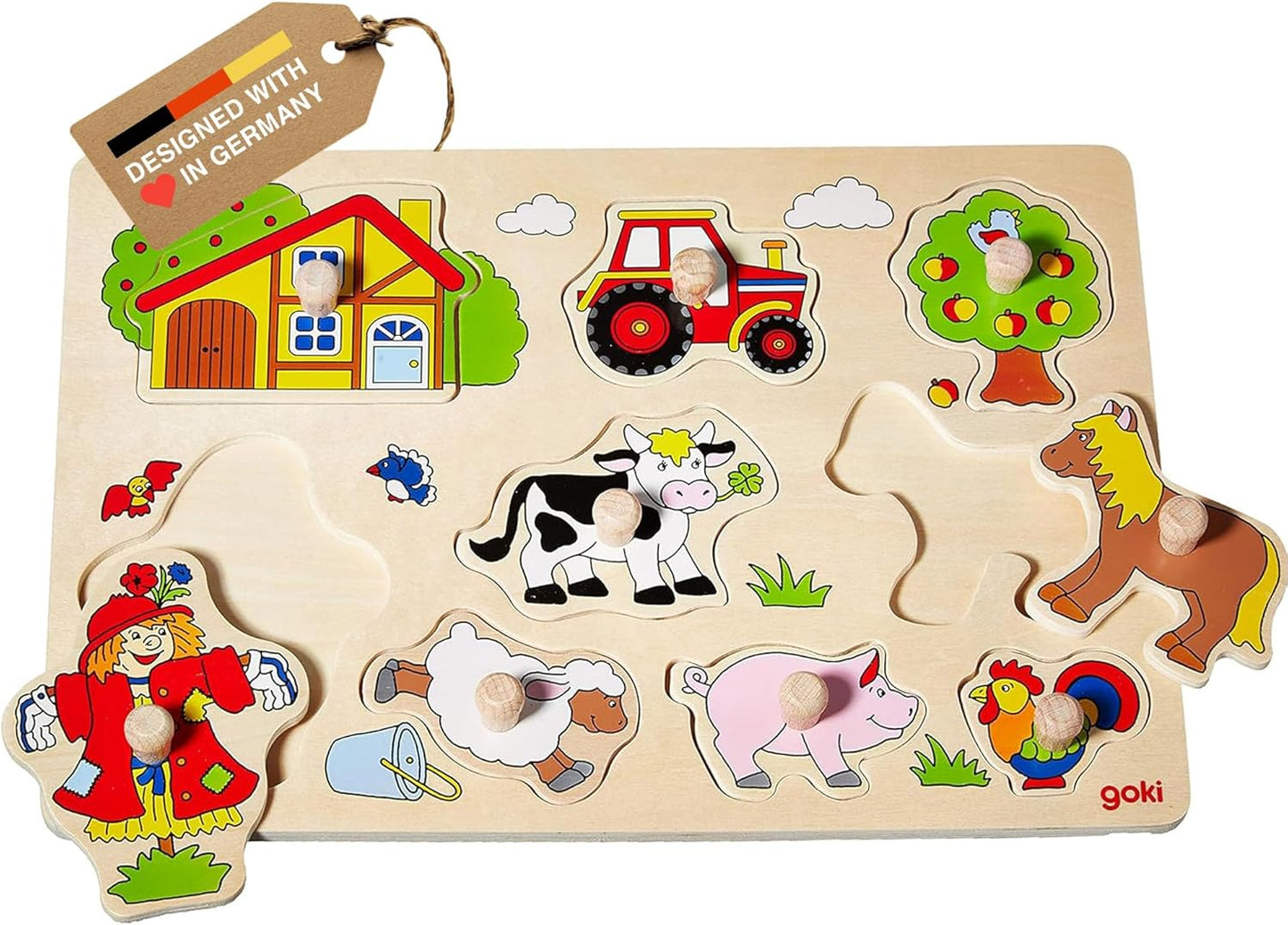 GOKI Wooden Puzzles for Toddlers 1-3 Farm Animal Peg Puzzle with Jumbo Knobs Ages 1+ Educational Montessori Toys for Shape Recognition & Fine Motor Skills - 9 Pieces-Designed with Love in Germany