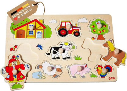 GOKI Wooden Puzzles for Toddlers 1-3 Farm Animal Peg Puzzle with Jumbo Knobs Ages 1+ Educational Montessori Toys for Shape Recognition & Fine Motor Skills - 9 Pieces-Designed with Love in Germany