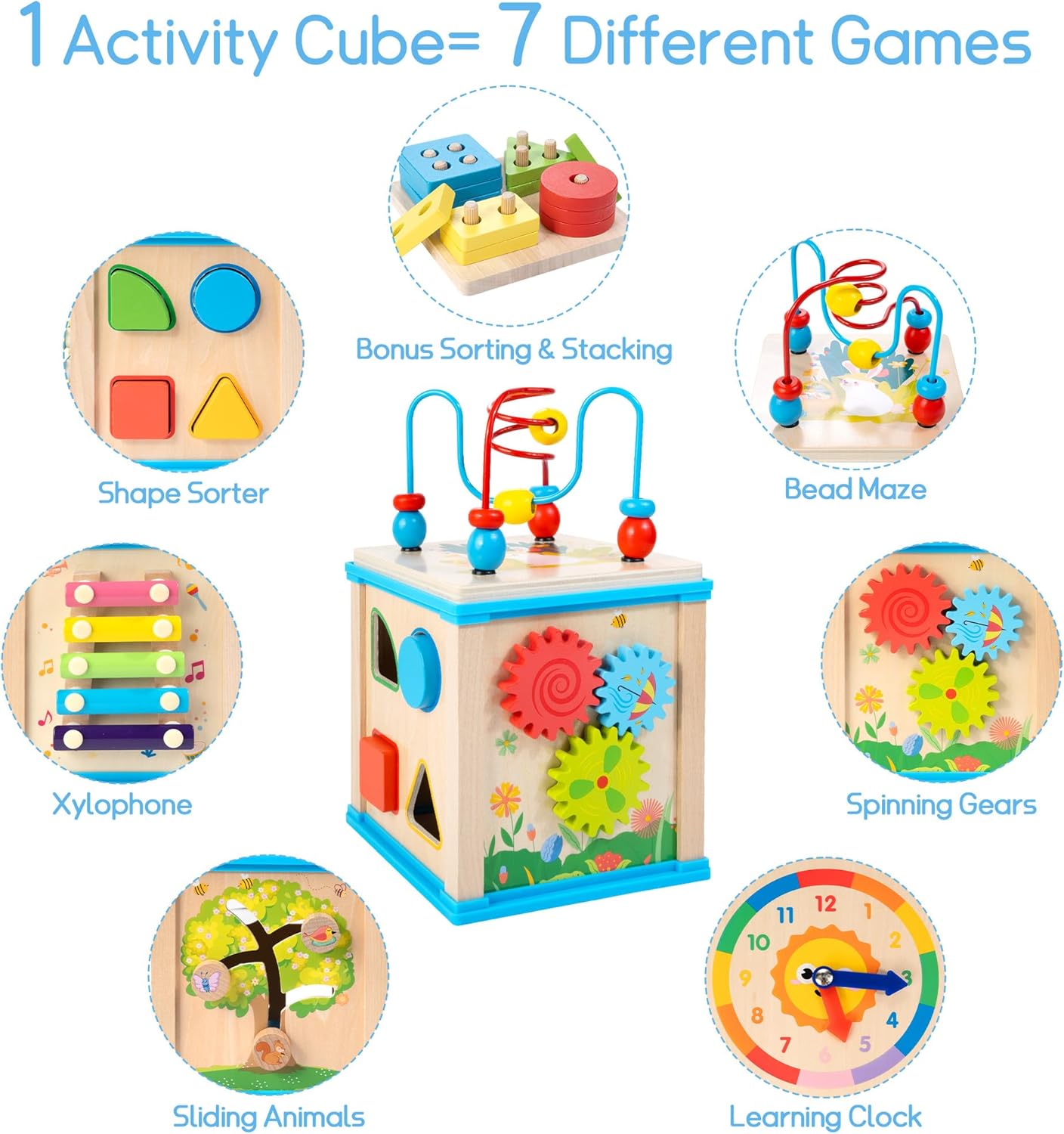 WOODMAM Wooden 7-in-1 Activity Cube| Montessori Toys for 1 Year Old Toddlers| Baby Educational Developmental Toys |One Year Old Boys Girls First Birthday Gifts |Bonus Sorting & Stacking Board