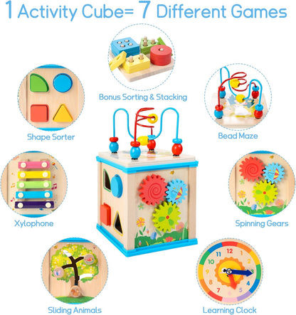 WOODMAM Wooden 7-in-1 Activity Cube| Montessori Toys for 1 Year Old Toddlers| Baby Educational Developmental Toys |One Year Old Boys Girls First Birthday Gifts |Bonus Sorting & Stacking Board