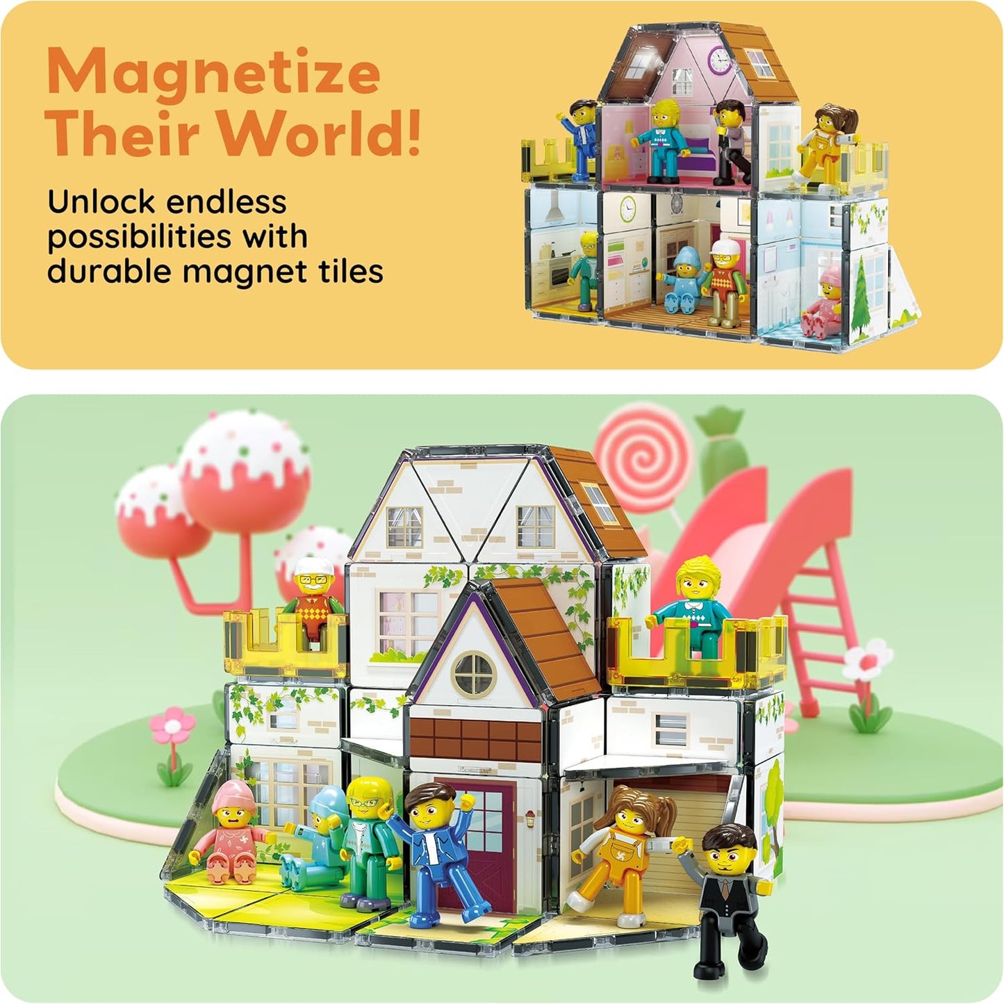 PicassoTiles 60pc Magnetic Tile Princess Castle Building Set with Double Sided Printed Tiles 2 Character Figures STEM Educational Toy Kit for Kids Pretend Play Montessori Learning Ages 3 to 8 PTQ04