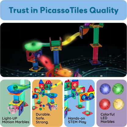 PicassoTiles 70pc Marble Run Magnetic Tiles STEM Set for Kids Ages 3 and Older Magnet Tile Marbles Maze Building Blocks Brain Development Toy Preschool Educational Learning Construction Playset PTG70