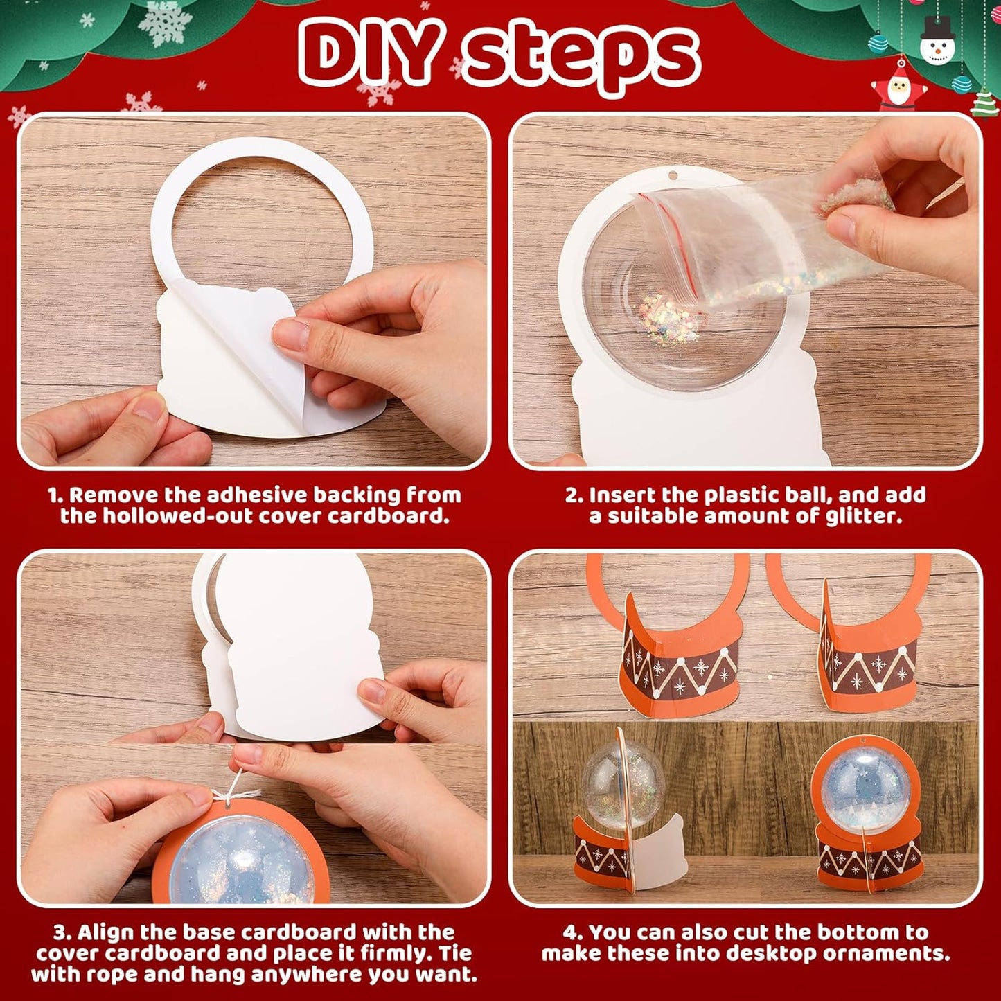 Threehoney 24 Pack Winter DIY Snow Globe Craft Kit for Kids Christmas 3D Shaking Snow Globe Hanging Ornament for Xmas Tree with Glitter Sequins Papers 3D Half Balls and Cards(Blue+Purple)