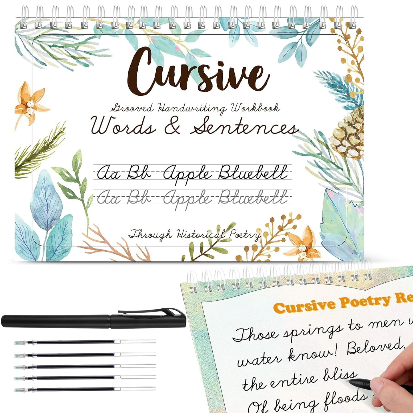 Maitys Grooved Cursive Handwriting Workbook Kit Reusable Cursive Workbook Groove Writing Practice Books Grooved Handwriting Practice for Adults and Beginner Improving Write Skills
