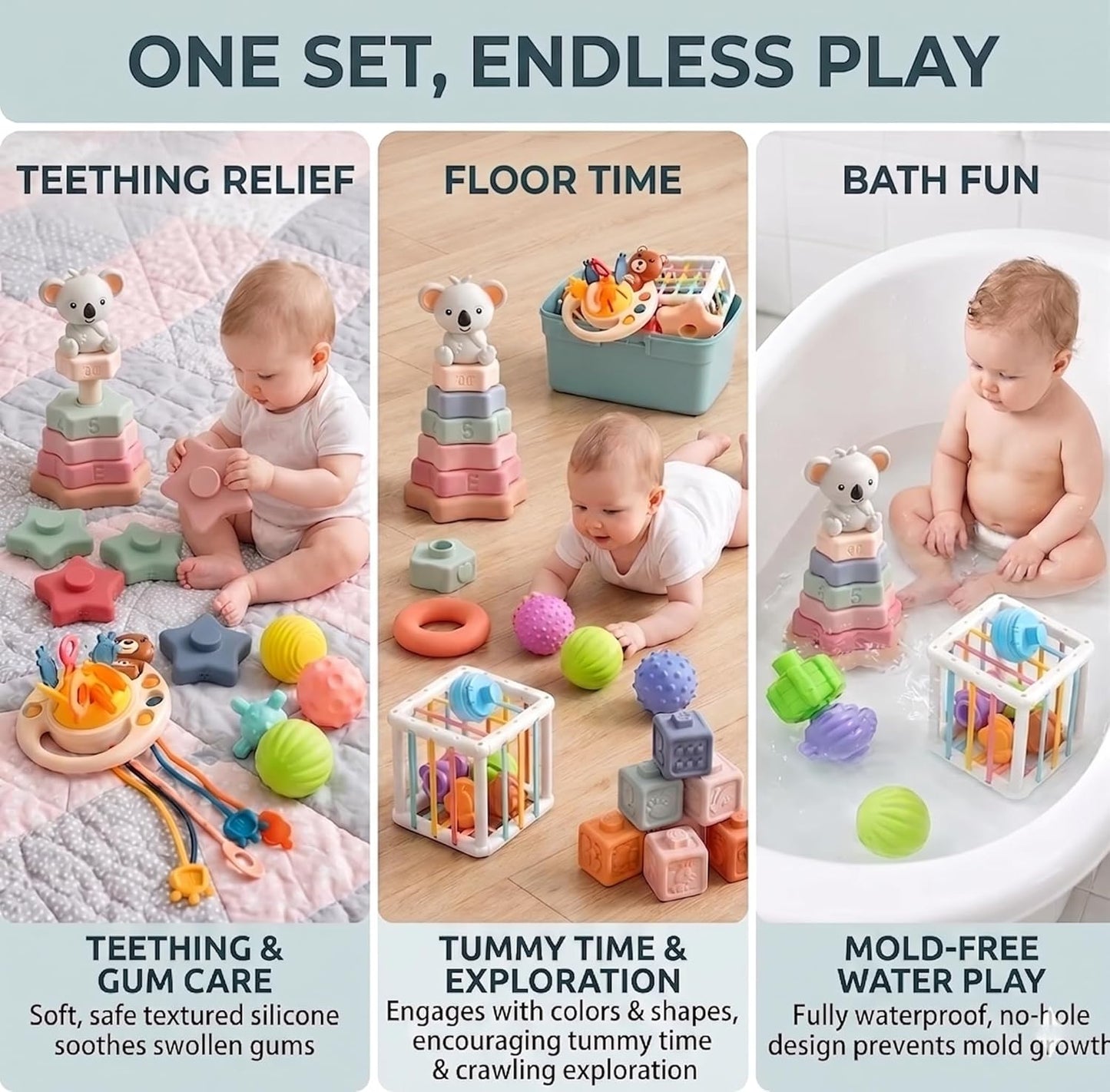 Montessori Sensory Activity Toy for Babies 6-18Months - Silicone Pull String Activity & Fine Motor Skill Development Toy - Travel-Friendly Stroller & High Chair Toys for Infants, Easy-Clean Design