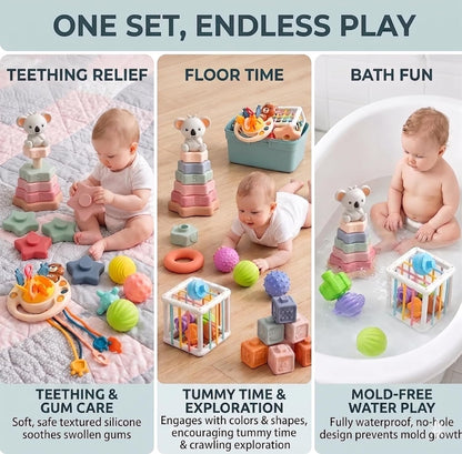 Montessori Sensory Activity Toy for Babies 6-18Months - Silicone Pull String Activity & Fine Motor Skill Development Toy - Travel-Friendly Stroller & High Chair Toys for Infants, Easy-Clean Design