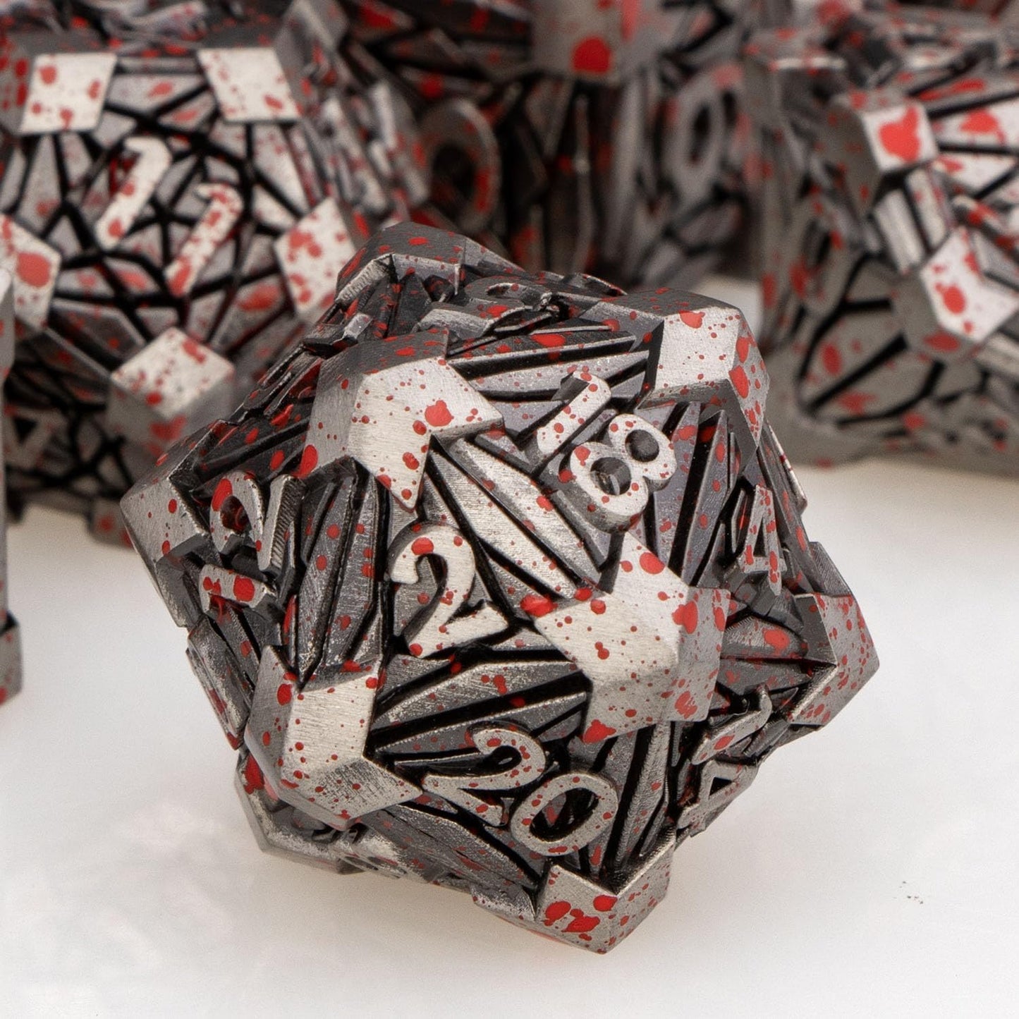 7PCS Metal DND Dice Set with Box, Debris RPG Blue White D and D Dice for D&D Tabletop Games Role Playing Game Polyhedral Dice Set D20 D12 D10 D8 D6 D4