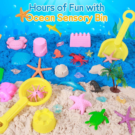 Mikiwon Ocean Sensory Bin, Sandbox Play Sand Art Kit with 1.65lbs Play Sand, Sea Animal Toys Molds, Sensory Play for Girls Boys Age 3 4 5 6 7 8, Beach Toys for Kids Xmas Birthday Gifts