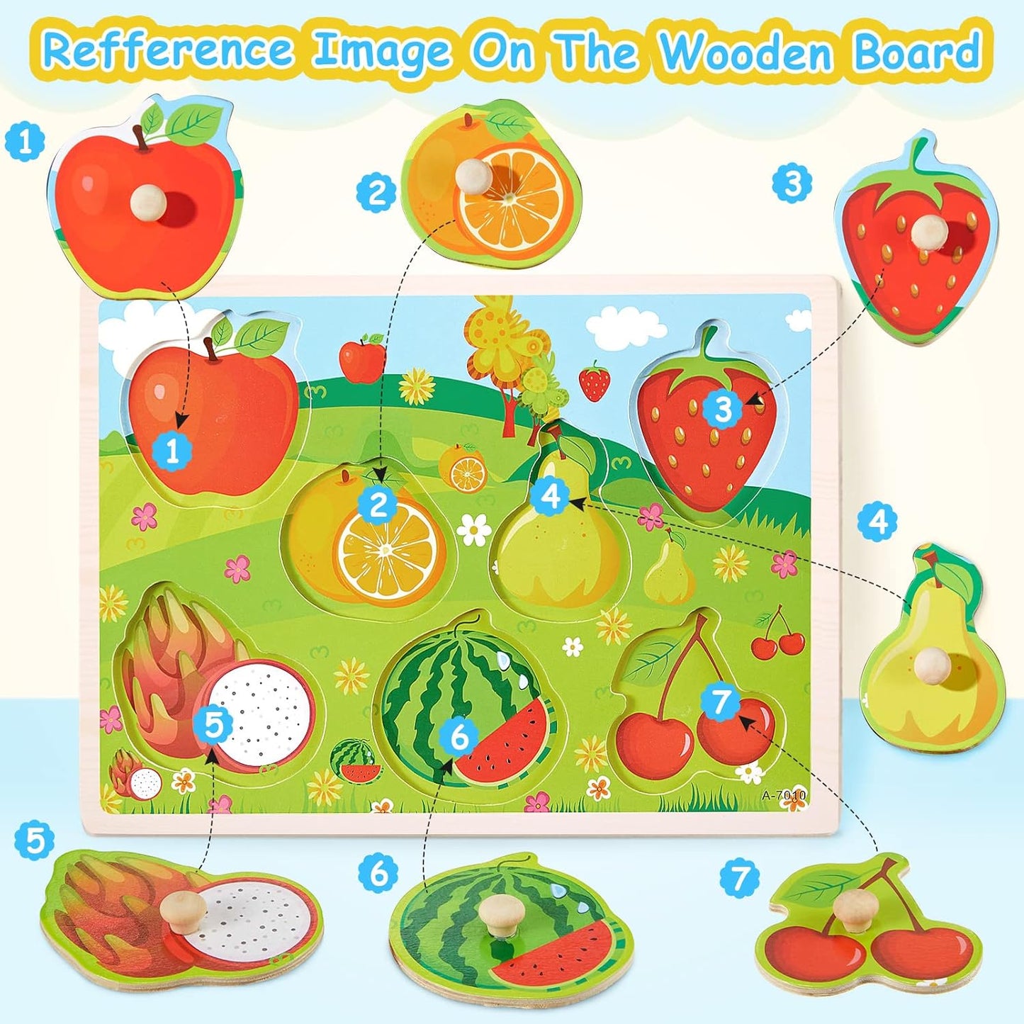 Chivao 8 Pack Wooden Peg Puzzles for Toddlers 2 3 4 5 Years Old Wood Peg Puzzle Animals Wood Jigsaw Puzzles with Animal Vehicle Fruit Shapes, Learning Educational Toy Kids Puzzle for Girls and Boys