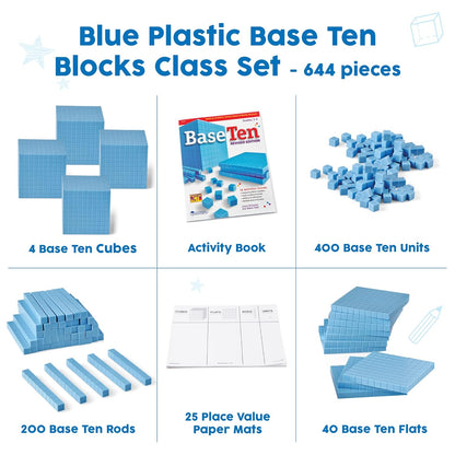 hand2mind Blue Plastic Base Ten Blocks Complete Classroom Set, Place Value Blocks, Counting Cubes, Math Blocks Kindergarten, Manipulative Kit for Mathematics for Elementary Teachers (Set of 161)