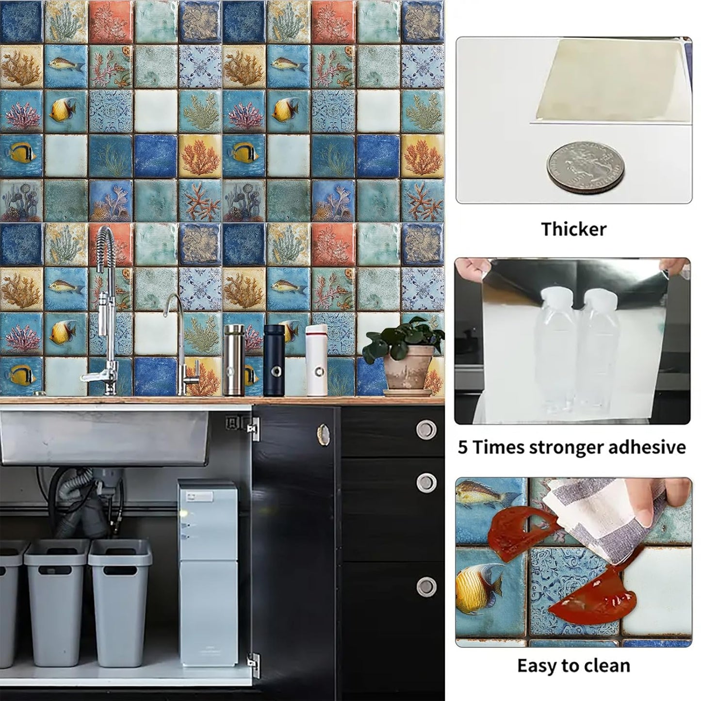 Wall Tiles Peel and Stick 12x12 Inch Ocean Coral Fish Pattern Vinyl Stickers Self Adhesive Tiles for Kitchen Bathroom Shower Laundry Room Aquarium Theme Home Renovation DIY Decor