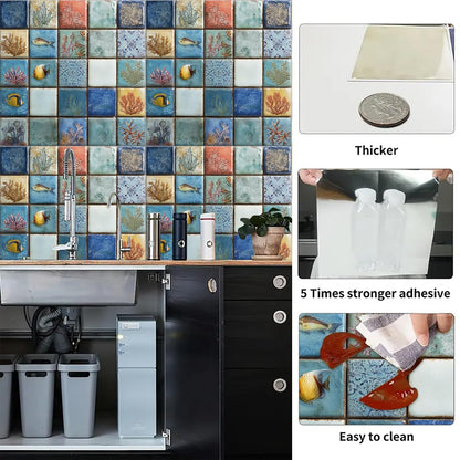 Wall Tiles Peel and Stick 12x12 Inch Ocean Coral Fish Pattern Vinyl Stickers Self Adhesive Tiles for Kitchen Bathroom Shower Laundry Room Aquarium Theme Home Renovation DIY Decor