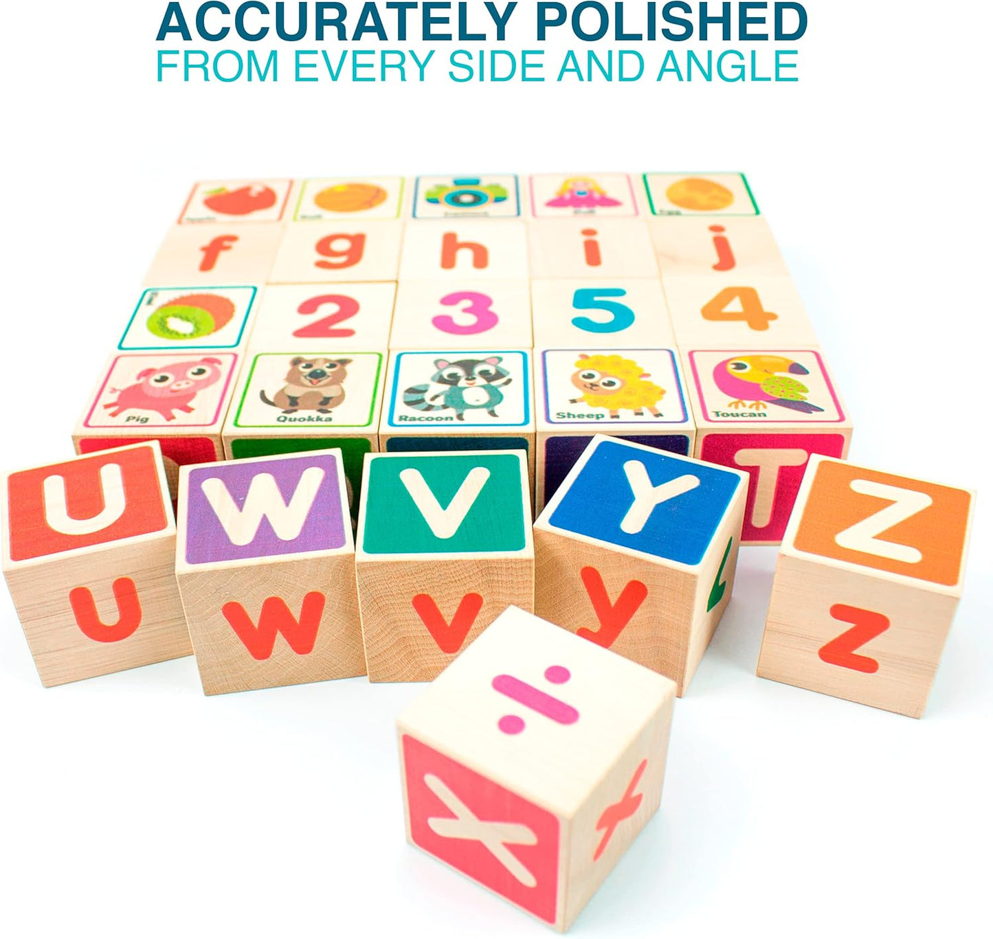 QUOKKA Montessori Wooden Blocks for Toddlers 1-3 - 35 Realistic ABC Learning Baby Blocks for Kids 3-5 Year Olds - Stacking Alphabet Wood Toys for 2-4 yo - Learn Letters Numbers