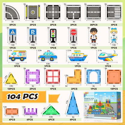 104 PCS Magnetic Tiles Road Set, STEM Construction Toys for Kids Ages 3-5 5-7 4-8, Magnet Building Blocks for Toddler Toys Games, Christmas Birthday Gifts for 3+ Year Old Boys Girls
