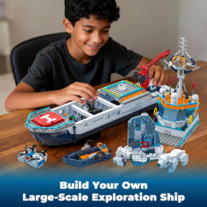 City Boat Building Set with LED Lights, Arctic Explorer Ship Toy Gift for 8 Year Old Boys and Girls, with Helicopter, Drone, Speedboat, Submersible, Iceberg, and Polar Bears