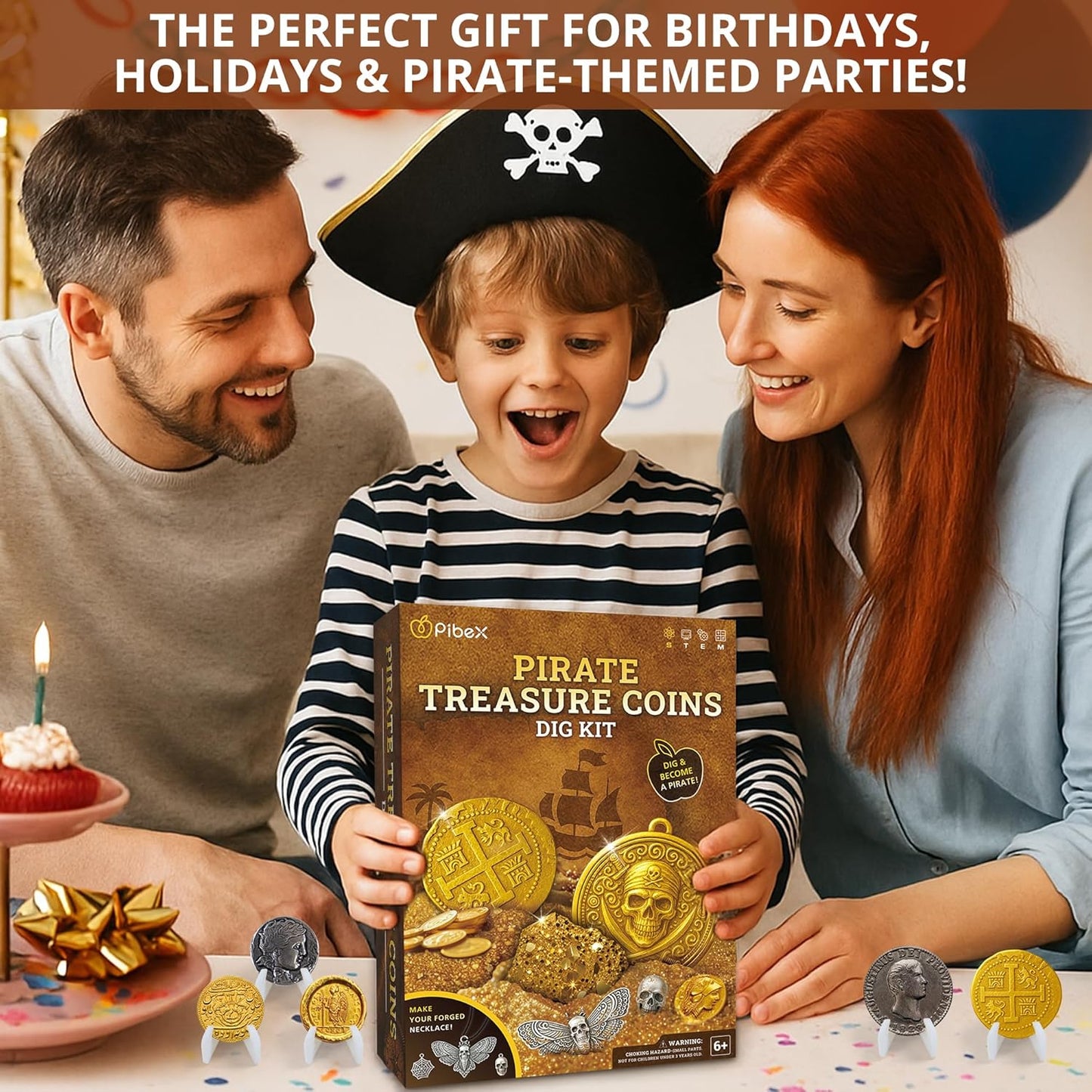 PIBEX Pirate Treasure Coins Dig Kit – Dig & Collect 16+ Ancient Metal Coin Replicas, Fool’s Gold & Pirate Charms – STEM Archaeology & Necklace Making Kit, Coin Collecting Gift Toy for Kids Ages 6+