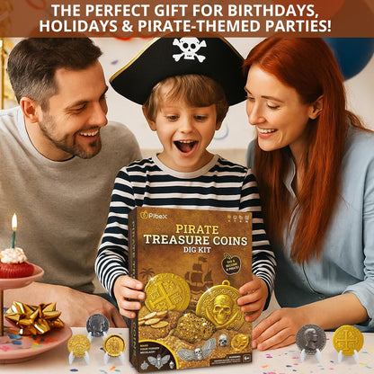 PIBEX Pirate Treasure Coins Dig Kit – Dig & Collect 16+ Ancient Metal Coin Replicas, Fool’s Gold & Pirate Charms – STEM Archaeology & Necklace Making Kit, Coin Collecting Gift Toy for Kids Ages 6+