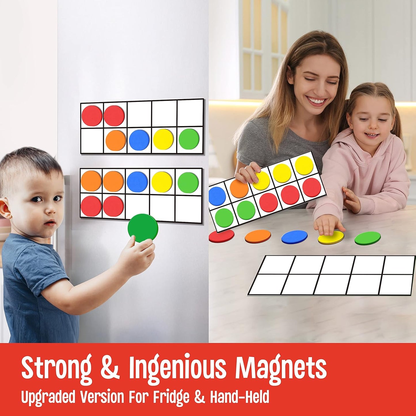 Magnetic Ten-Frame Set, 6 Frames & 66 Colorful Star-Shaped Counters Ten Frame Math Games Manipulative Counting Toys for Kindergarten Preschool, 6 Colors & 2 Markers (Fridge & Hand-held)