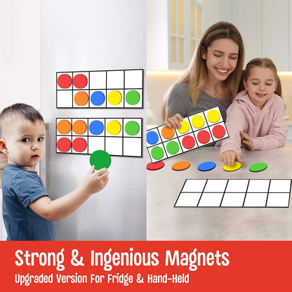 Magnetic Ten-Frame Set, 6 Frames & 66 Colorful Star-Shaped Counters Ten Frame Math Games Manipulative Counting Toys for Kindergarten Preschool, 6 Colors & 2 Markers (Fridge & Hand-held)