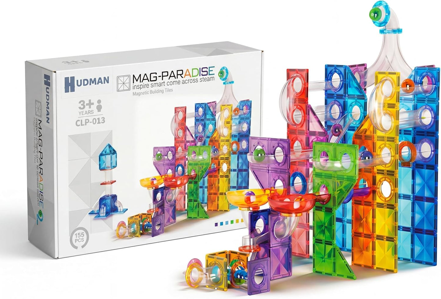 Magnetic Building Tiles Marble Run Set, 115 Pieces STEAM Construction Blocks with Marble Run Track, Educational STEM Toy for Kids Ages 3+, Rainbow Colors