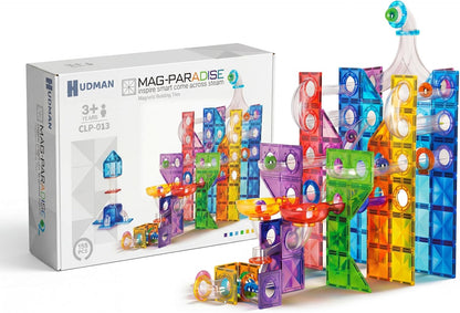 Magnetic Building Tiles Marble Run Set, 115 Pieces STEAM Construction Blocks with Marble Run Track, Educational STEM Toy for Kids Ages 3+, Rainbow Colors