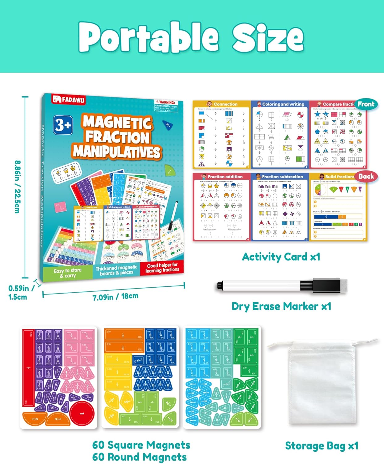 Large Magnetic Fraction Demonstration Book, Magnetic Fraction Educational Puzzle with Tiles & Circles, Montessori Fraction Manipulatives for Elementary School, Maths Learning Toys for Kids