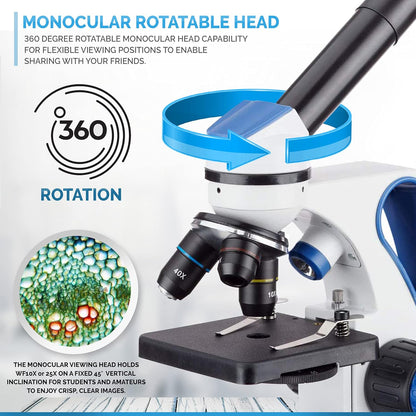 AmScope M162C-2L-PB10-WM"Awarded 2018 Best Students and Kids Microscope Kit" - 40X-1000X Dual Light All Metal Microscope with Slides and Microscope Book, Blue