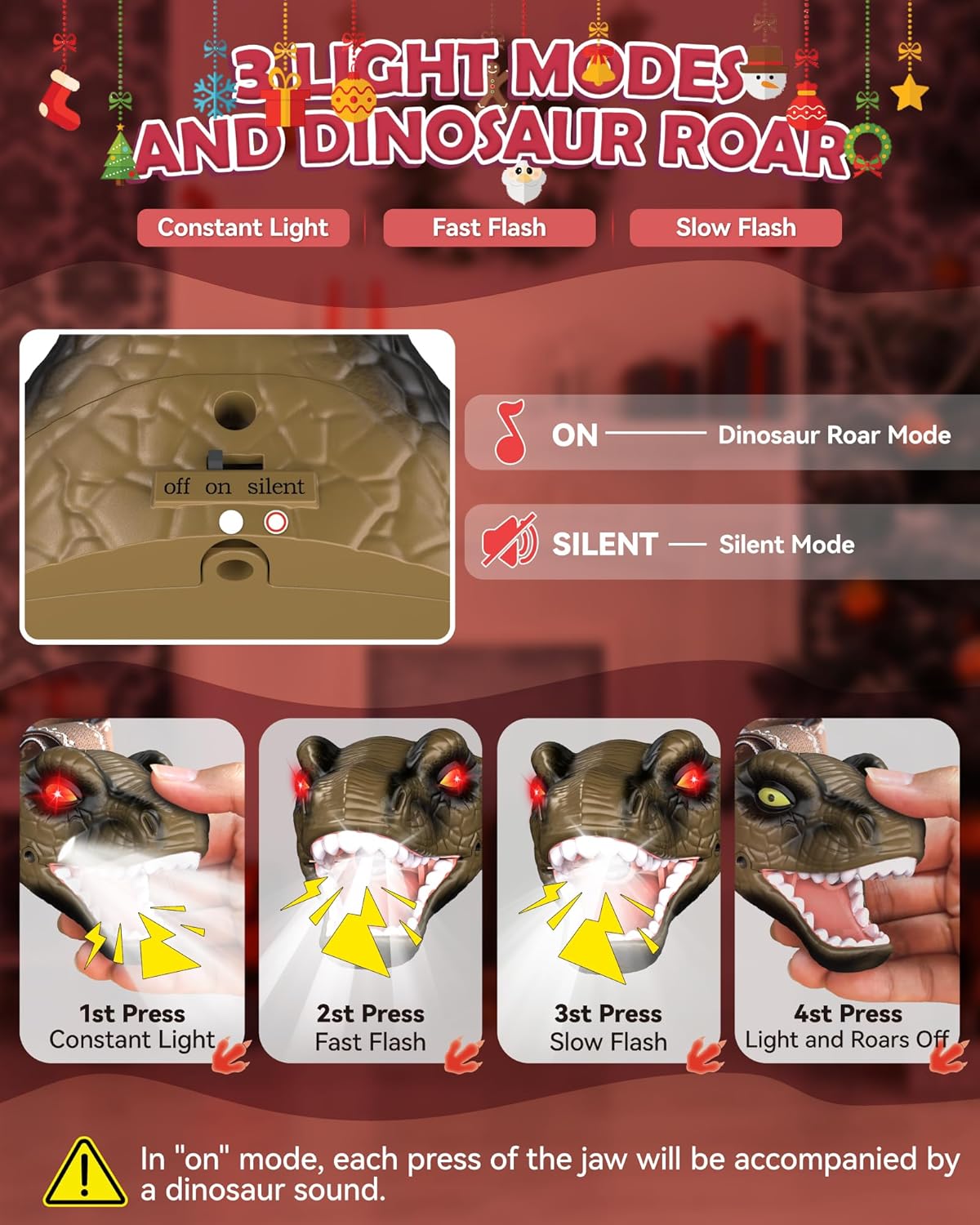 LED Dinosaur Headlamp for Kids, Children's Toy Flashlight T-Rex Dinosaur Toys for Age 3 4 5 6 7 8 9 Years Old Kids, Camping Hiking Gear for Boys Girls