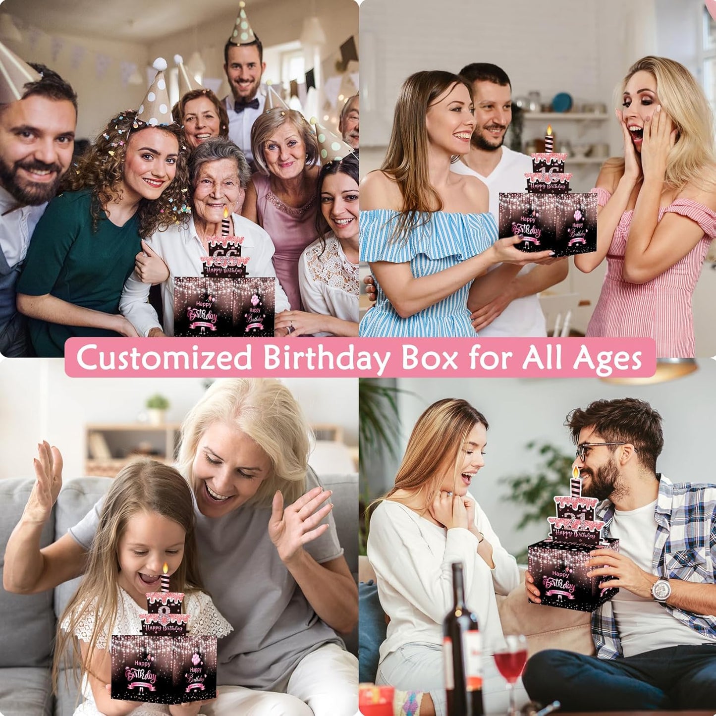 Birthday Money Box for Cash Gift Pull, Surprise Gift Boxes for Money, Money Holder Box with Pull Out Happy Birthday Card and 50Pcs Transparent Bags, Money Gift Ideas for Kids and Adults