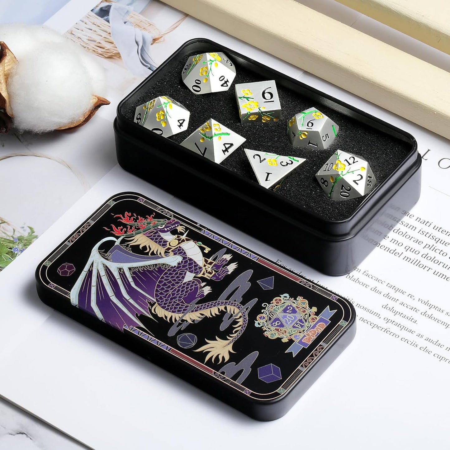 DnDnD Heavy Polyhedral Metal Dice Set with Metal Box, 7-die Shiny Blue Surface with Golden Number for RPG,Dungeons and Dragons,Pathfinder,Shadowrun,D&D,Role Palying Game and Math Teaching - Colors B