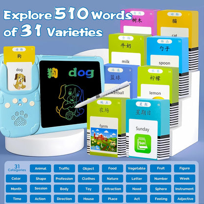 Talking English & Spanish Flash Cards - 8" LCD Writing Tablet for Kids 3-12, Bilingual 510 Sight Words, Toddler Pocket Speech, Drawing Sketch Pad, Autism Toys for Boys (Spanish, Blue)