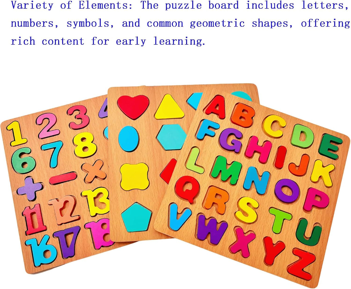 3PCS Wooden Alphabet, Number & Shape Puzzles for Toddlers – Educational Learning Toy (Choose from 3 Combinations) (Alphabet, Number & Shape)