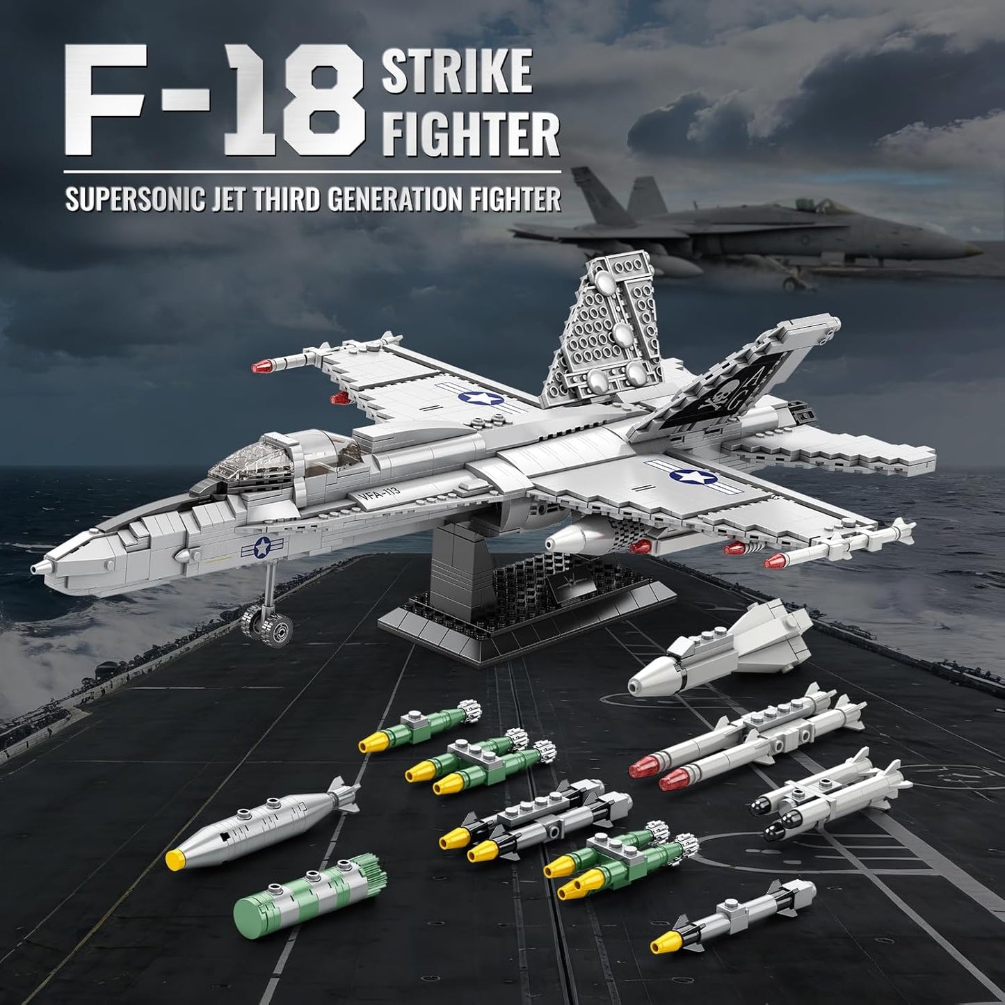 F-18 Fighter Jet Building Set for Adults, 1387PCS Military Hornet Aircraft Model with Retractable Landing Gear, Movable Wings, Display Stand, Technical Plane Collectible Kit for Men