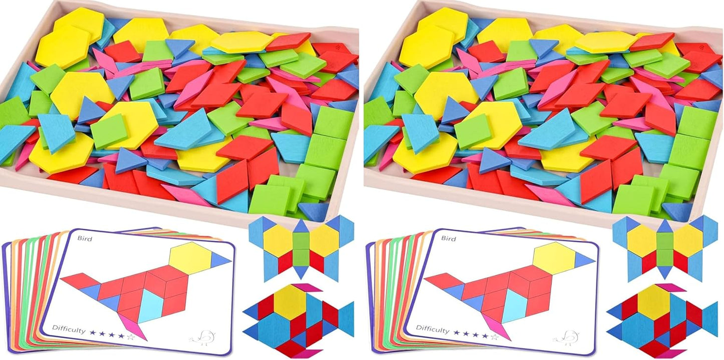 3 otters Wooden Pattern Blocks Shapes for Kids, Geometric Tangram Puzzle with Activity Cards, 150 PCS Educational Toy