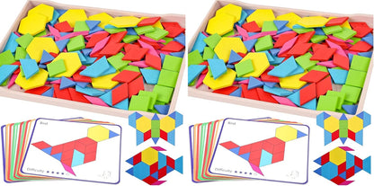 3 otters Wooden Pattern Blocks Shapes for Kids, Geometric Tangram Puzzle with Activity Cards, 150 PCS Educational Toy