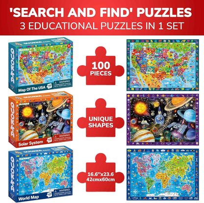 QUOKKA 3X Set Learning Board Games for Kids 8-12 - Educational Trivia Cards Ages 6-8 - Travel United States - World Map - Explore Outer Space - Gift for Children and Teens 4-8 - Jigsaw Puzzles