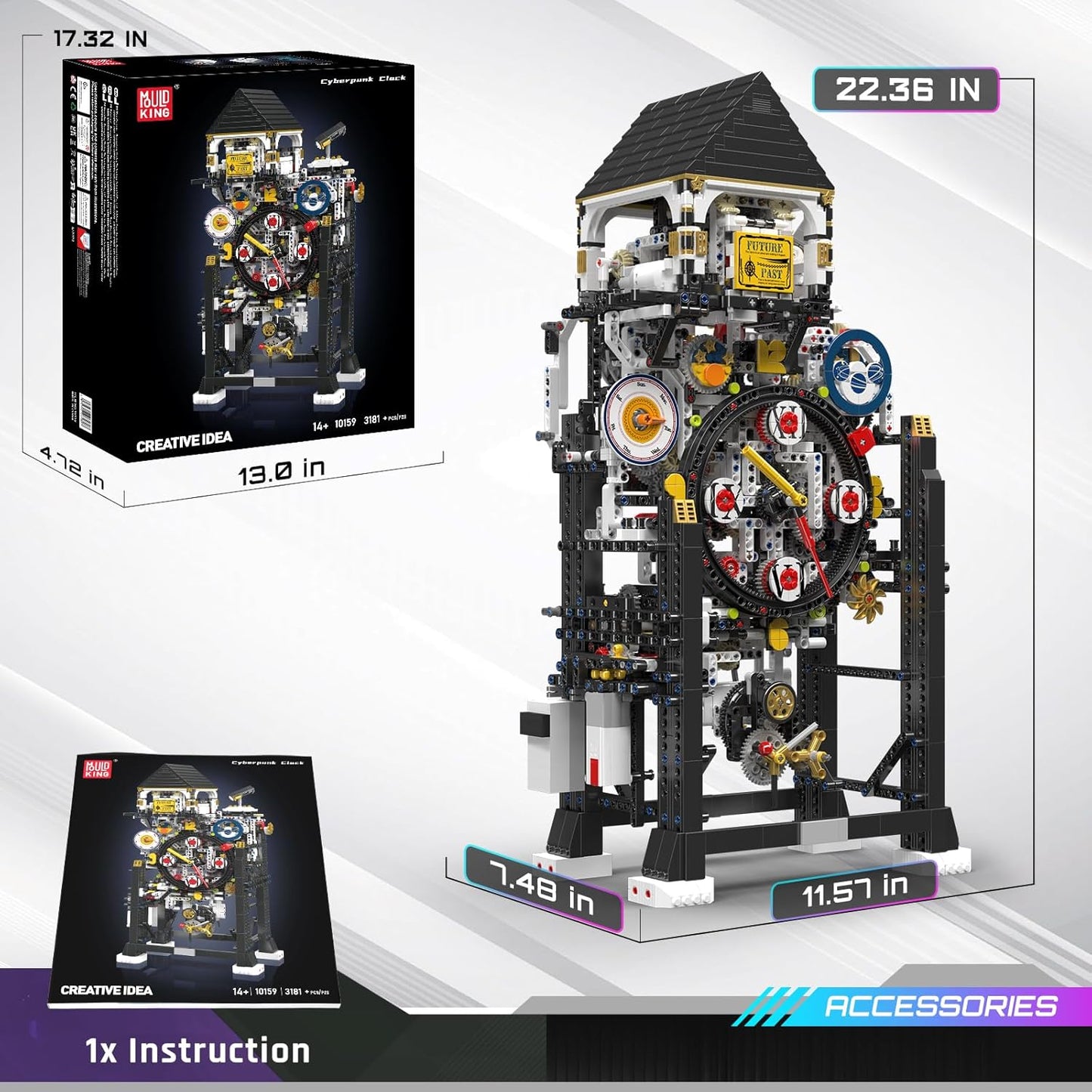 Mould King Cyberpunk Grand Clock Building Blocks Set, 3675+ Pcs Real-Time Clock Model Kit with Mechanical Gears, App Control Electric Building Model Kit, Creative Gift Toys for Adults Teens