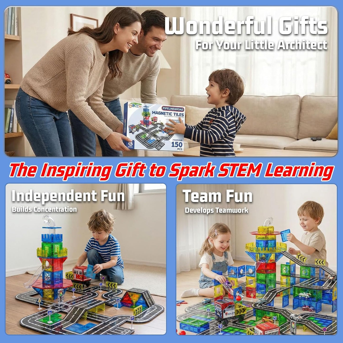 150PCS Magnetic Tiles Road Set with Marble Run, Preschool Magnet Tiles Included Magnetic Cars. STEM Magnetic Tiles for Kids, Preschool Educational Building Toys for Boys & Girls