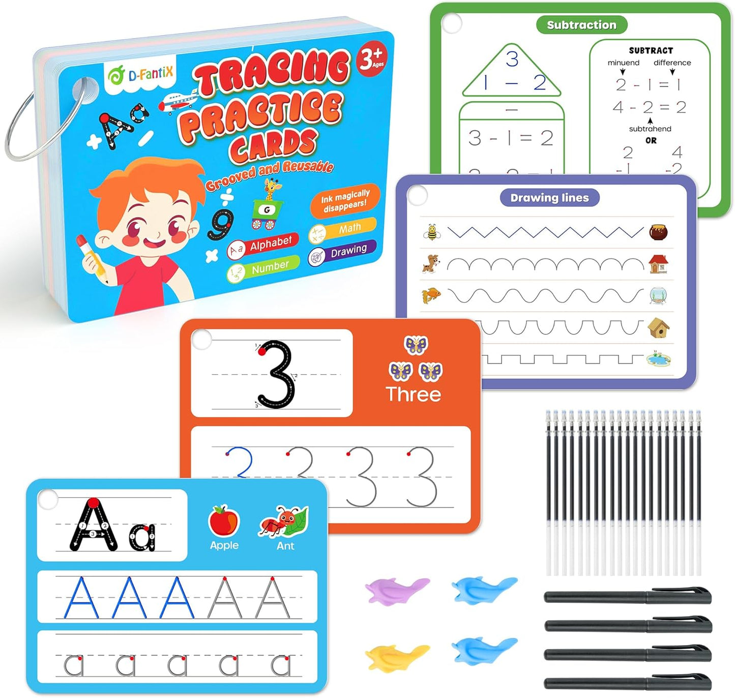 D-FantiX Magic Grooved Writing Practice for Kids Age 3-5, Reusable Grooved Handwriting Practice for Kids 5-7, Number Letter Tracing Practice Cards for Kids Kindergarten Preschool Learning Activities
